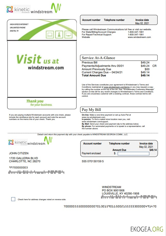 USA Windstream Holdings, Inc. utility bill template in Word and PDF format